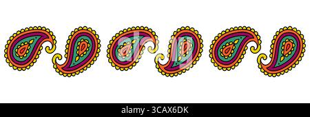 Bordure Paisley vectorielle vibrante avec cinq formes de larme ornées dans une rangée horizontale, avec une riche palette de couleurs orange, violet, sarcelle et jaune, perf Illustration de Vecteur