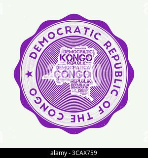DR Congo SEAL. Logo rond du pays avec la forme de RD Congo et le nom du pays dans plusieurs langues Wordcloud. Emblème génial. Illustration de Vecteur