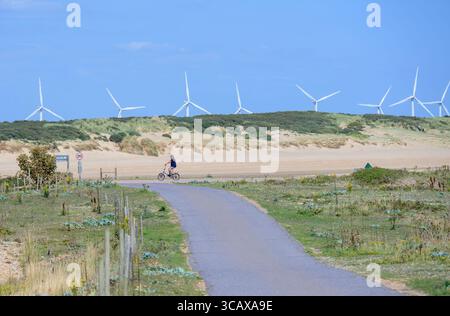 Rye, East Sussex, Royaume-Uni. Réserve naturelle de Rye Harbour. Vue sur les éoliennes du parc éolien Little Cheyne court à l'est Banque D'Images
