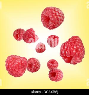 Framboises fraîches tourbillonnant dans l'air sur fond dégradé jaune Banque D'Images