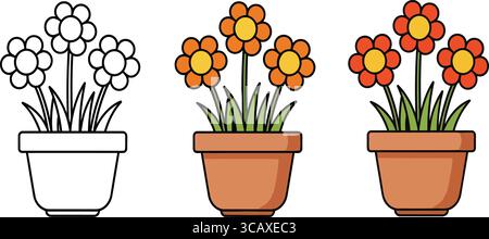 Cette charmante illustration présente une série de pots de fleurs, mettant en valeur une transition d'un contour à un design entièrement coloré. Illustration de Vecteur