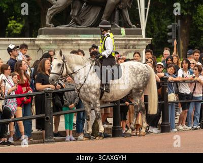 Un policier de la Metropolitan police a monté un officier en mission de contrôle des foules alors que les touristes attendaient un défilé près du Victoria Memorial, Londres, Royaume-Uni. Banque D'Images