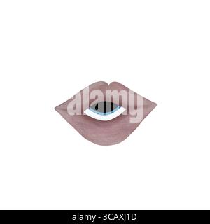 Une illustration aquarelle de lèvres stylisées, rose poussiéreux avec un œil, sur un fond blanc. Le design allie beauté et mystère, parfait pour Banque D'Images