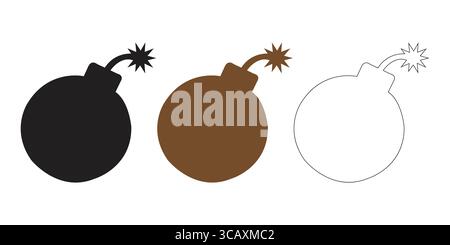 Icônes de bombe silhouettée en noir, marron et blanc sur fond blanc Illustration de Vecteur