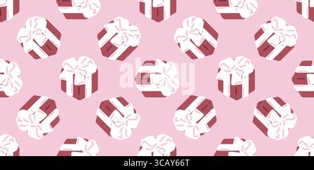 Motif de boîte cadeau rose sans couture. Boîtes-cadeaux emballées avec des noeuds dans le style plat de dessin animé. Motif festif sans couture sur fond rose. Illustration de Vecteur