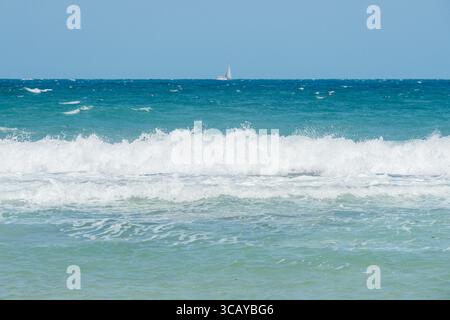 Vue panoramique des vagues de l'océan qui s'écrasent sur le rivage sous un ciel bleu clair, avec un voilier visible à l'horizon. Un paysage marin tranquille Banque D'Images