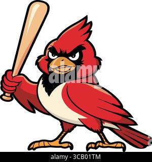 Illustration d'un oiseau cardinal rouge vif perché sur une branche brune avec des brindilles bourgeonnantes. L'oiseau présente une crête distinctive et un markin facial noir Illustration de Vecteur