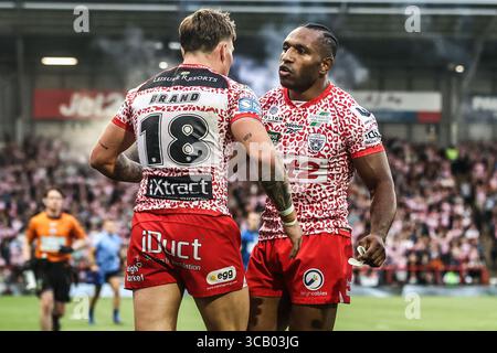 Leigh, Royaume-Uni. 07 août 2025. Keanan Brand de Leigh Leopards célèbre son essai lors du match Leigh Leopards vs Leeds Rhinos de Betfred Super League Round 21 au Leigh Sports Village, Leigh, Royaume-Uni, le 7 août 2025 (photo par Alfie Cosgrove/News images) à Leigh, Royaume-Uni le 8/7/2025. (Photo par Alfie Cosgrove/News images/SIPA USA) crédit : SIPA USA/Alamy Live News Banque D'Images