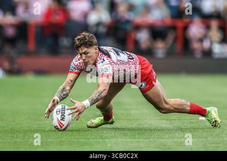 Leigh, Royaume-Uni. 07 août 2025. Keanan Brand of Leigh Leopards en action lors de la ronde 21 de la Betfred Super League match Leigh Leopards vs Leeds Rhinos au Leigh Sports Village, Leigh, Royaume-Uni, le 7 août 2025 (photo par Alfie Cosgrove/News images) à Leigh, Royaume-Uni le 8/7/2025. (Photo par Alfie Cosgrove/News images/SIPA USA) crédit : SIPA USA/Alamy Live News Banque D'Images