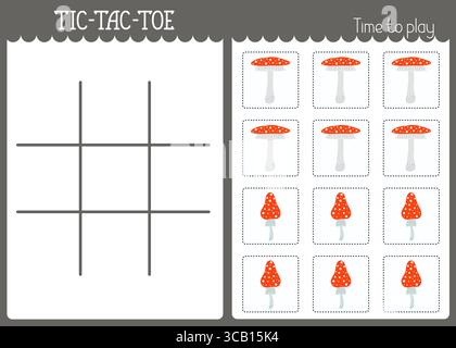 TIC-tac-toe ou noughts and Crosses modèle de grille de jeu pour enfants, champignons d'automne à découper, activité éducative amusante pour le développement de la pensée logique, feuille de travail imprimable pour le jeu de société, ressources pédagogiques Illustration de Vecteur