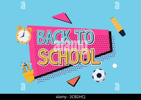 Retour à l'école fond géométrique abstrait. Bannière, flyer avec fournitures, papeterie dans le style plat. Rétro, années 90 Illustration de Vecteur