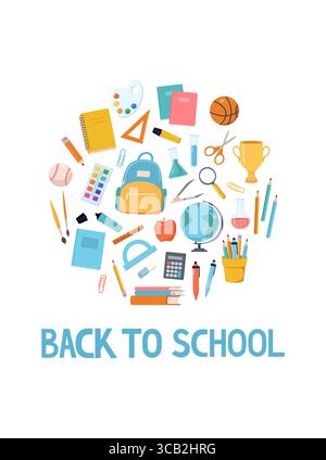 Retour à la collection de fournitures scolaires. Ensemble de papeterie colorée, sac à dos, manuels scolaires, cahiers, équipement sportif, dessin, fioles chimiques. Flat Cartoo Illustration de Vecteur