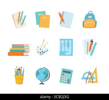 Jeu d'icônes retour aux fournitures scolaires et aux articles éducatifs. Ensemble de papeterie colorée, journal intime, manuels scolaires, cahiers, calculatrice, dessin, règle, pinceau, globe Illustration de Vecteur