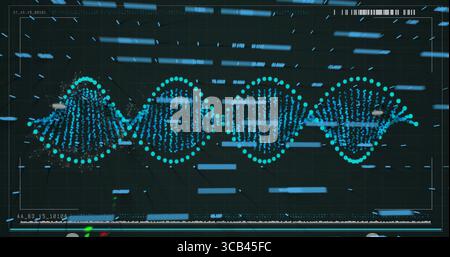 Hélice d'ADN turquoise rotative tourbillonnant dans l'interface de grille, montrant les barres de données, les étiquettes de code et le code-barres Banque D'Images