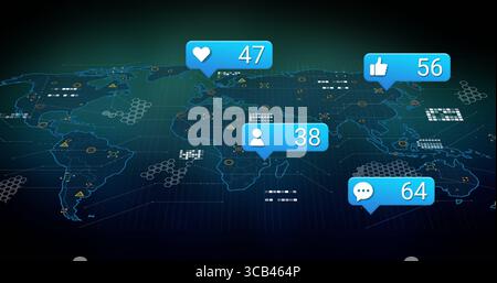 Affichage stylisé de la carte du monde sur le tableau de bord numérique sombre, avec des badges de notification sociale brillants Banque D'Images