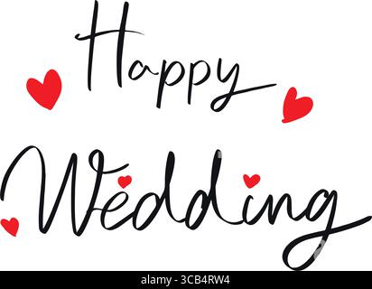 Texte de mariage heureux police calligraphie lettrage écrit à la main script noir rouge rose orange couleur amour forme de coeur marié romantique mariage heureux Beautifu Illustration de Vecteur