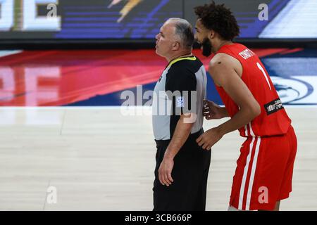 7 août 2023 : L'attaquant de Porto Rico George Conditt IV (1) murmure à l'arbitre après avoir été accusé d'une faute technique lors de la seconde moitié du USA Basketball Showcase mettant en vedette les USA vs Puerto Rico à T-Mobile Arena le 7 août 2023 à Las Vegas, Nevada. Christopher Trim/CSM. (Crédit image : © Christopher Trim/CSM via ZUMA Press Wire) Banque D'Images