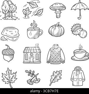 Icônes d'automne confortables représentant la saison d'automne avec des vêtements chauds et des boissons chaudes Illustration de Vecteur