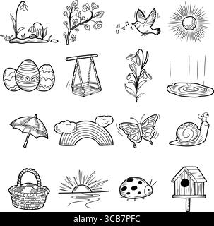 Icônes printanières représentant le renouveau, la nature et les festivités de pâques Illustration de Vecteur