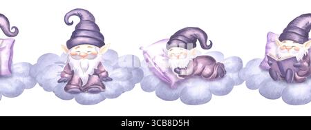 Gnomes mignons assis, lisant et dormant sur la bordure sans couture d'aquarelle de nuage pour la conception d'enfants. Elfs de nuit d'illustration dessinés à la main de rêves de fées Banque D'Images