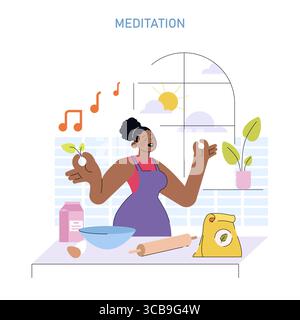 Illustration vectorielle d'une femme pratiquant la méditation tout en cuisinant dans une cuisine. Elle tient une plante et montre une expression paisible, entourée d'ingrédients de cuisson et de notes de musique. Illustration de Vecteur