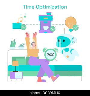Illustration vectorielle montrant une personne interagissant avec plaisir avec un robot dans un cadre futuriste de chambre à coucher, optimisant les tâches matinales comme préparer du café et allumer les lumières efficacement. Illustration de Vecteur
