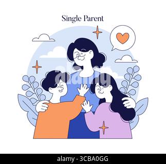 Illustration vectorielle d'un parent unique embrassant deux enfants, symbolisant l'amour et l'unité. La famille heureuse est entourée par la nature, soulignant la chaleur et la connexion. Illustration de Vecteur