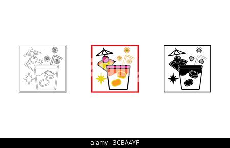 Illustrations de cocktails d'été dans les styles Outline, Color et Silhouette pour des thèmes de rafraîchissement Illustration de Vecteur