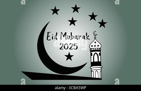 Eid Moubarak 2025 Lune, étoiles et illustration de la mosquée Illustration de Vecteur