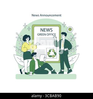 Illustration vectorielle montrant trois personnes annonçant une initiative de bureau vert. Ils se tiennent avec des expressions positives à côté d'une affiche d'information sur le thème du recyclage, promouvant des pratiques respectueuses de l'environnement. Illustration de Vecteur