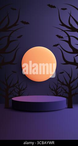 maquette effrayante sur le thème de l'halloween avec un podium cylindrique violet placé contre un ciel de lune orange brillant, des chauves-souris volantes et des arbres étranges. Idéal pour les p saisonniers Illustration de Vecteur