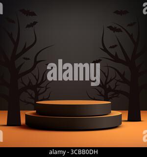 Présentoir de produits sur le thème de l'Halloween avec piédestal circulaire 3D à deux niveaux encadré par des arbres effrayants sans feuilles et des chauves-souris volantes, sur un sol orange foncé Illustration de Vecteur