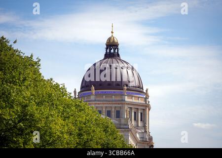 Berlin, Allemagne. 07 août 2025. Le Palais de Berlin ou Humboldt Forum peut être vu derrière les arbres verts dans le Lustgarten. Crédit : Soeren Stache/dpa/Alamy Live News Banque D'Images