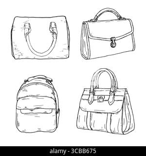 Sacs à main mode pour femmes, un ensemble de silhouettes en croquis à l'encre noire et blanche. Illustration vectorielle. Différents types de sacs élégants, sacoche, hobo Illustration de Vecteur