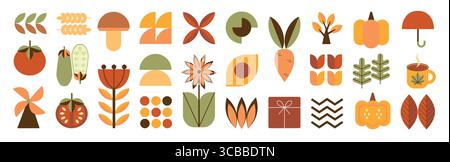 Ensemble d'icônes d'automne dans un style géométrique plat. Feuilles, baies, champignons, noix, citrouille, légumes dans le style Bauhaus. Collection d'icônes plates. Illustration vectorielle. Illustration de Vecteur