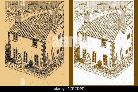 Cette illustration vectorielle dessinée à la main représente un charmant cottage avec un toit en tuiles et plusieurs cheminées, entouré d'une végétation luxuriante et d'un chemin pavé Illustration de Vecteur