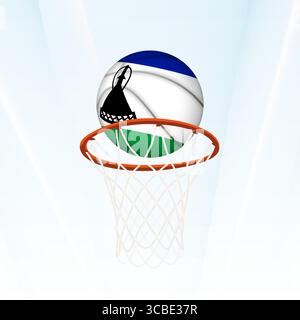 Illustration vectorielle d'un basket-ball stylisé avec le drapeau national du Lesotho, capturé dans le moment de marquer à travers un cerceau. Parfait pour le sport tou Illustration de Vecteur