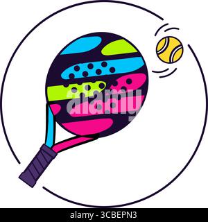 Une icône dynamique et moderne avec une raquette de paddle-tennis en mouvement, frappant une balle jaune dans un cadre circulaire. Illustration de Vecteur