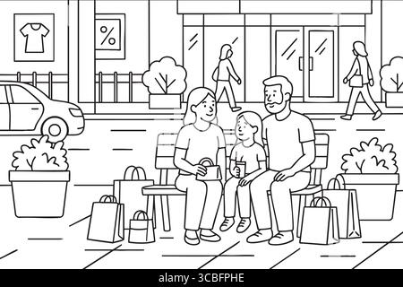 Famille reposant sur un banc avec des sacs à provisions en ville. Illustration de Vecteur