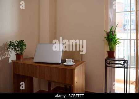 Une installation de bureau à domicile moderne avec un ordinateur portable élégant sur un bureau en bois, entouré de plantes d'intérieur vibrantes et baigné dans une lumière naturelle douce, favorisant Banque D'Images