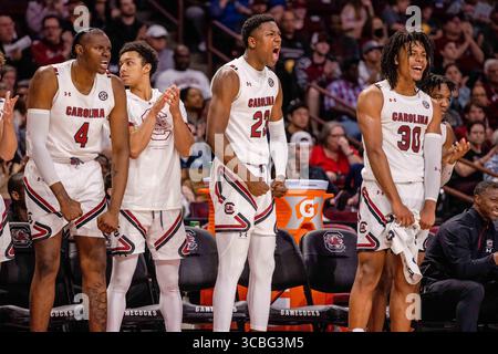 2 novembre 2022 : le banc des Gamecocks de Caroline du Sud célèbre pendant la deuxième mi-temps contre les Lions de mars Hill dans le match de basket-ball de la NCAA au Colonial Life Arena à Columbia, Caroline du Sud. (Scott Kinser/Cal Sport Media) (image crédit : © Scott Kinser/CSM via ZUMA Press Wire) Banque D'Images