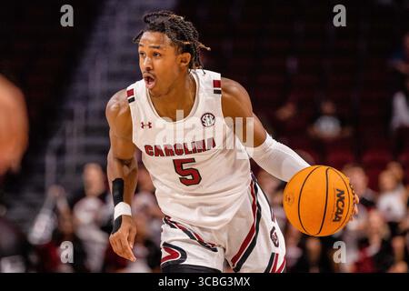 2 novembre 2022 : la garde des Gamecocks de Caroline du Sud, Meechie Johnson (5 ans), se dirige vers le panier contre les Lions de mars Hill lors de la deuxième mi-temps du match de basket-ball de la NCAA au Colonial Life Arena à Columbia, Caroline du Sud. (Scott Kinser/Cal Sport Media) (image crédit : © Scott Kinser/CSM via ZUMA Press Wire) Banque D'Images