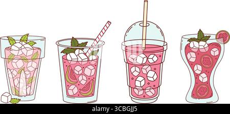 Smoothie Guava Pink Drink avec beaucoup de glaçons. Cocktail exotique de fruits d'été avec tranches de fruits tropicaux, paille et feuilles de menthe. Vecteur isolé Illustration de Vecteur
