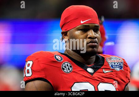 31 décembre 2022 : Jalen carter (88), joueur de ligne défensif de Géorgie, lors d'un match de football NCAA entre les Buckeyes de l'État de l'Ohio et les Bulldogs de Géorgie au Mercedes-Benz Stadium d'Atlanta, en Géorgie. La Géorgie bat Ohio State 42-41. John Mersits/CSM. (Crédit image : © John Mersits/CSM via ZUMA Press Wire) Banque D'Images