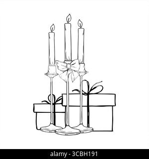 Illustration vectorielle de trois bougies étroites brûlantes dans de grands supports avec des boîtes cadeaux. Composition monochrome de Noël minimaliste Illustration de Vecteur