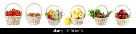 Légumes et fruits frais dans des paniers en osier isolés sur blanc, sertis Banque D'Images