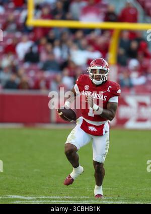 5 novembre 2022 : Arkansas QB KJ Jefferson #1 se bouscule de la poche avec ses yeux sur le terrain. .Liberty a vaincu Arkansas 21-19 à Fayetteville, AR, Richey Miller/CSM (crédit image : © Richey Miller/CSM via ZUMA Press Wire) Banque D'Images