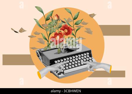 Collage d'une machine à écrire vintage avec deux mains tapant et des fleurs sur un cercle orange Banque D'Images