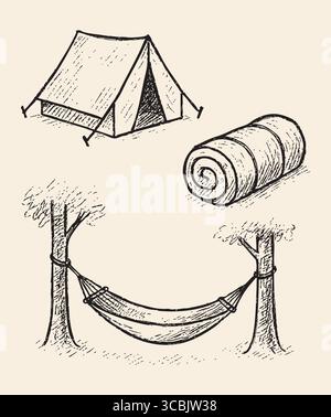 Illustrations de style encre noire d'une tente inclinée, d'un matelas roulé et d'un hamac enfilé entre deux arbres pour une sensation de camping rustique. Illustration de Vecteur