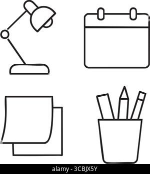 Quatre essentiels de bureau aux contours simples : lampe de bureau, calendrier mural, pile de notes adhésives et une tasse de crayons. Illustration de Vecteur
